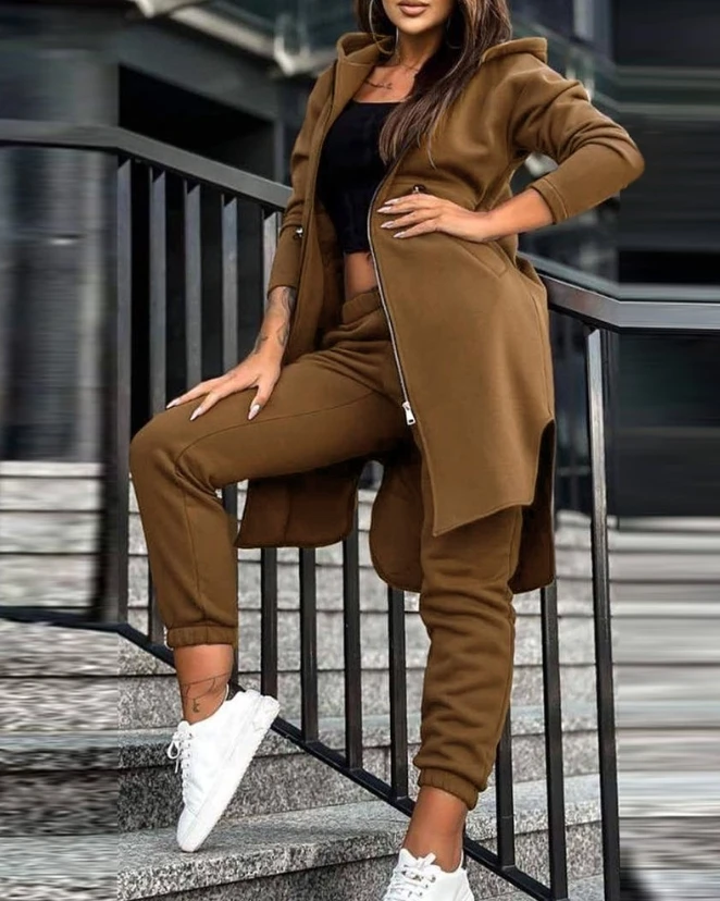 

2023 Women's Hot Selling New Popular Casual Fashion Zipper Design Long Hooded Coat and Pants Set