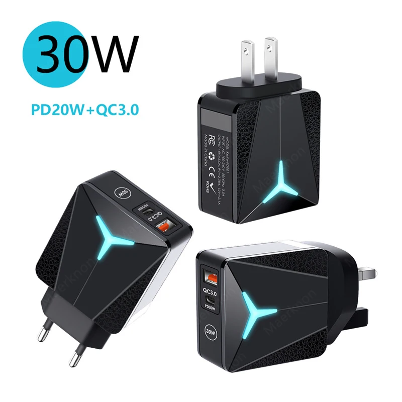 30W USB Charger Type C PD 20W QC3.0 Fast Charging Adapter For iPhone 13 12 Samsung Huawei Xiaomi EU/US Plug Mobile Phone Charger