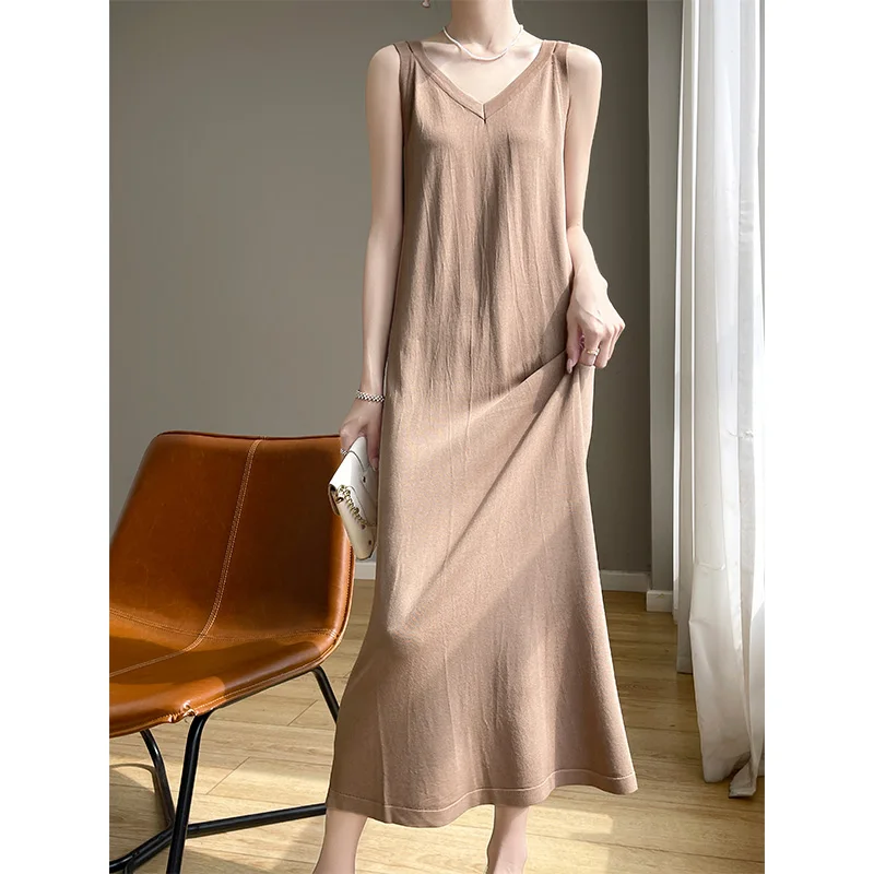 Вязаные платья на бретелях летнее женское вязаное длинное платье без рукавов