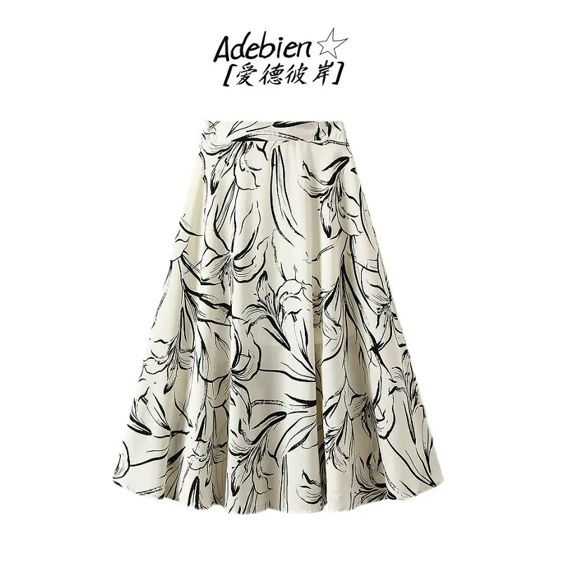 

High Quality 2023 Elegant Women Clothes Female Lily Painting In Ink Style Skirt Spring Summer Simple Fashion Dress Traf Y2k