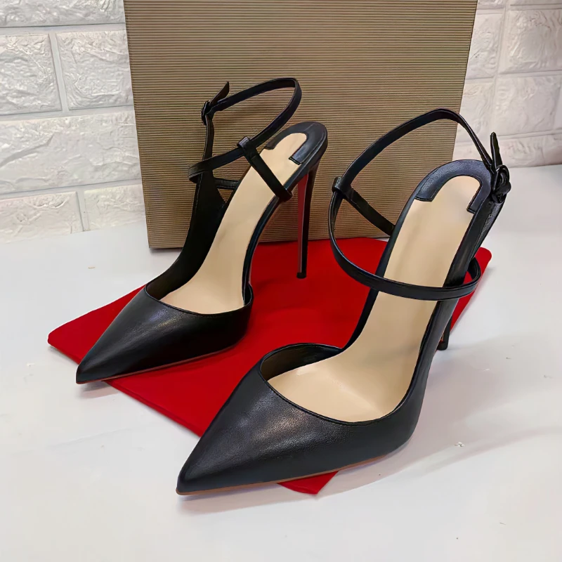 New Summer Black 6-8-10-12cm Lace Up Super High Heel Sandals Sexy Slim Heels Pointed Toe Red Shoes Temperament Women's Shoes