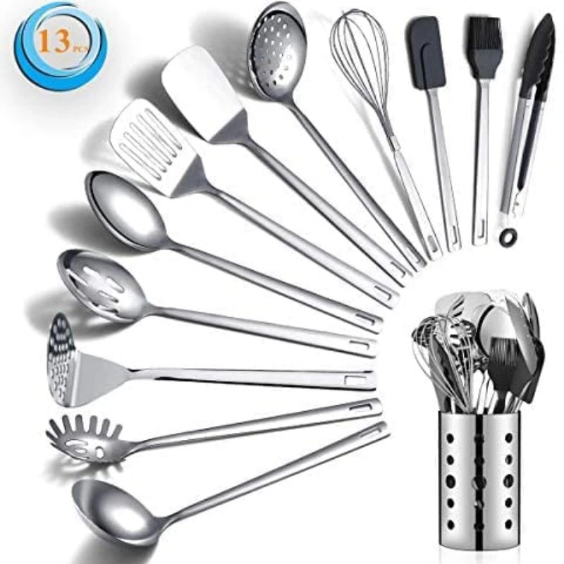 

13 Pieces Shiny Stainless Steel Kitchen Utensils Set with Utensil Holder