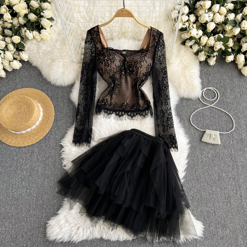 

Net red suit women's collar Strapless short lace top high waist puffy net gauze short skirt hot girl two-piece set