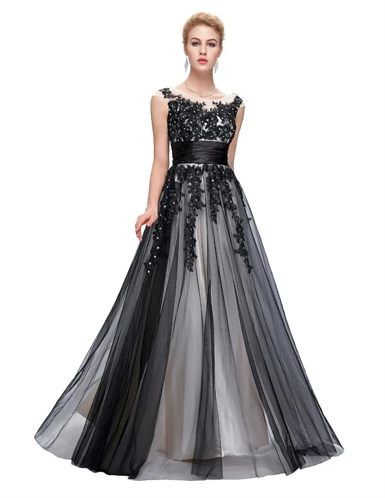 

Sleeveless Robe De Soiree Fashoin A-line Sheer Neck Appliques Sequin Formal Evening Dress Full-Length Tulle Wedding Party Gowns