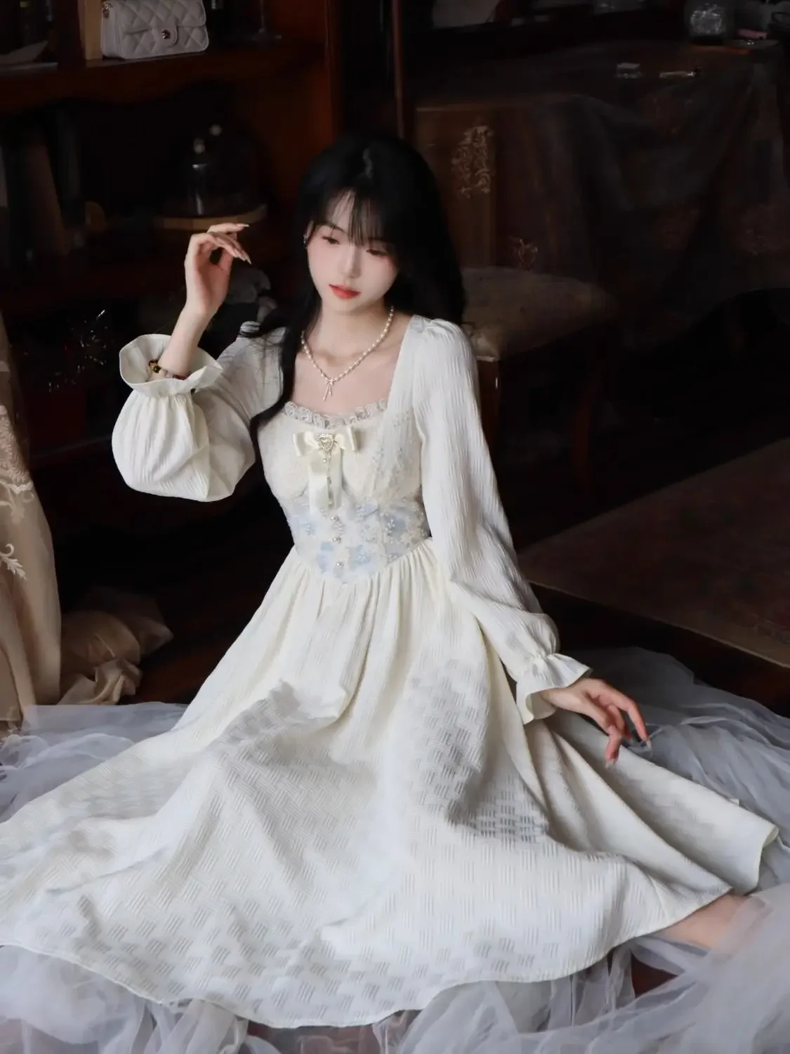 MAGOGO элегантное платье миди с цветочной вышивкой и жемчугом во французском стиле