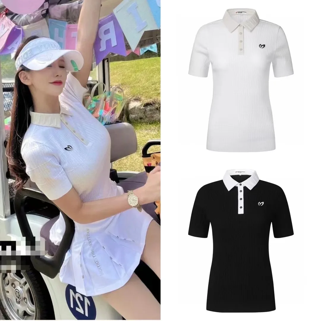 

Golf Shirts Fashion Ladies Slim Fit Polo Shirt Elastic Knitted Short Sleeve Golg Wear