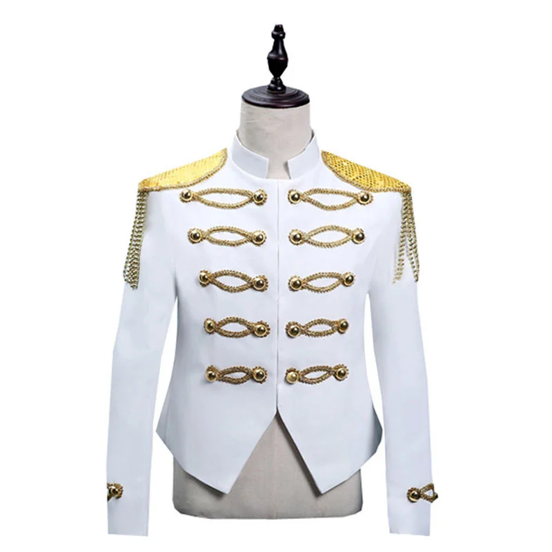 

White Tassel Military Dress Blazer Men Stand Collar Palace Embroidery Suit Jacket Men Party Singer DJ Prom Stage Costume Homme