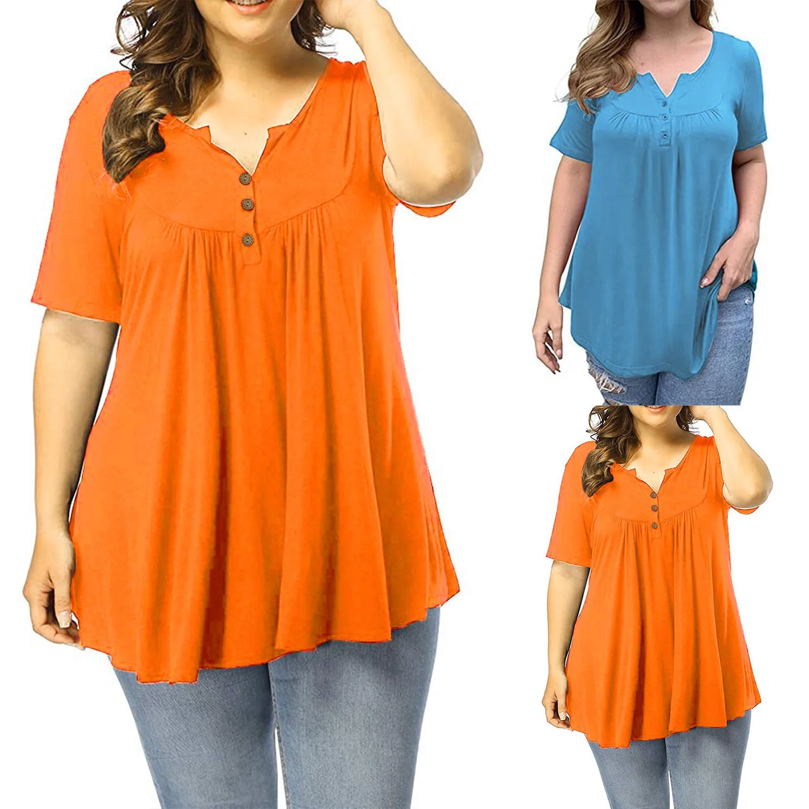 

Women Fashion V Neck Button Pleated Tunic Tops Vntiage Loose Casual T Shirt Swing Top 2023 Summer 5XL Tees Ladies Blouse Blusas