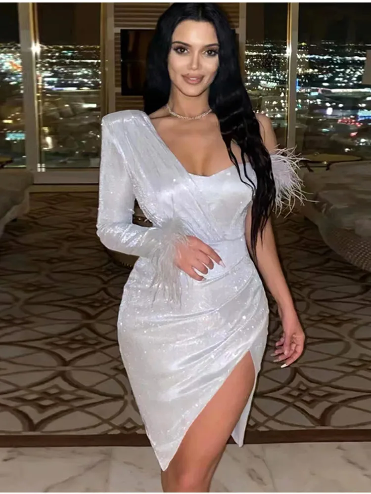 

Women Elegant Single Sleeve Sparky Glitter Bodycon Mini Short Dress with Feather Ladies Going Out Formal Evening Party Dresses