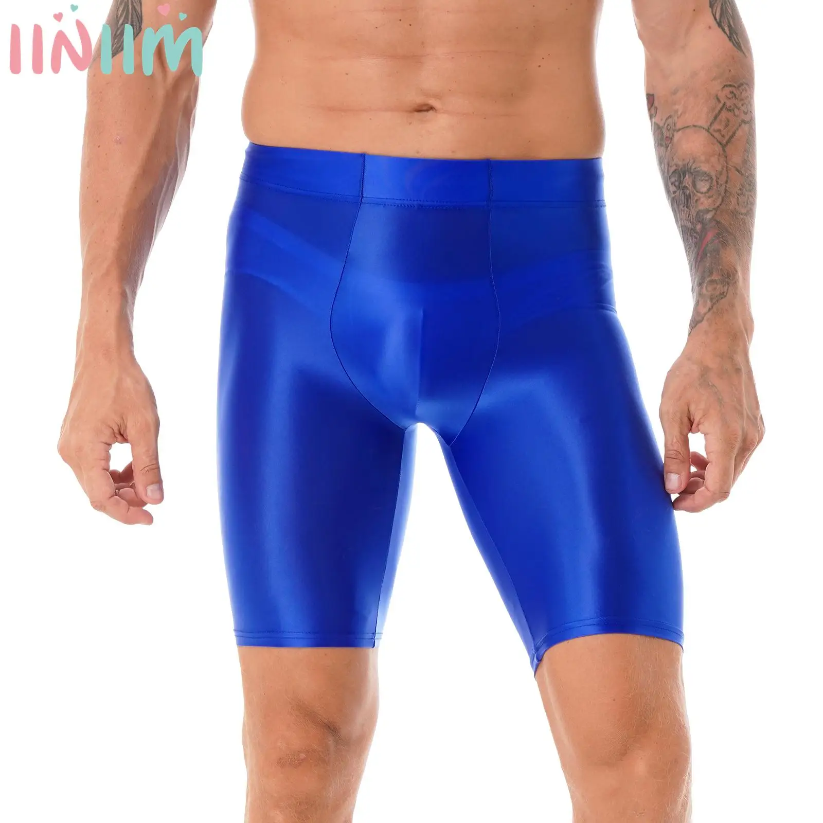 

Mens Glossy Solid Color Shorts Swimwear Sport Fitness Gym Elastic Waistband Short Leggings Athletic Surfing Sheer Skinny Trunks