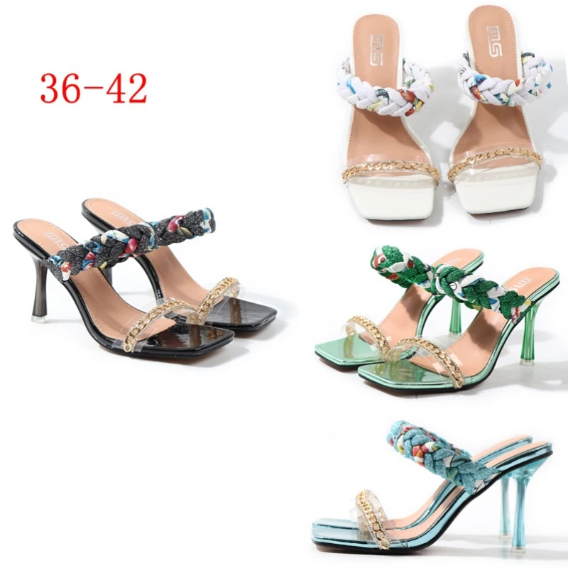 

Women's Shoes Summer New One-character Chain Color Matching Braided Belt High Heel Stiletto Fashion Sandals Slippers 9CM