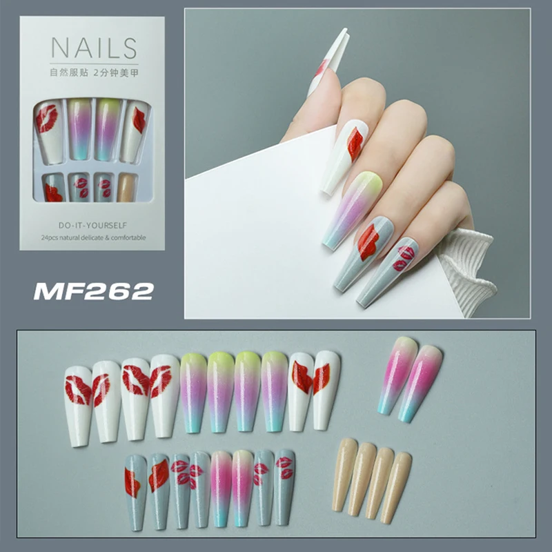 

Новинка 2021 24 шт длинный пресс на ногтях милый рисунок красные губы дизайн поддельные ногти с клеем полный 24 шт для женщин и девочек палка на ...