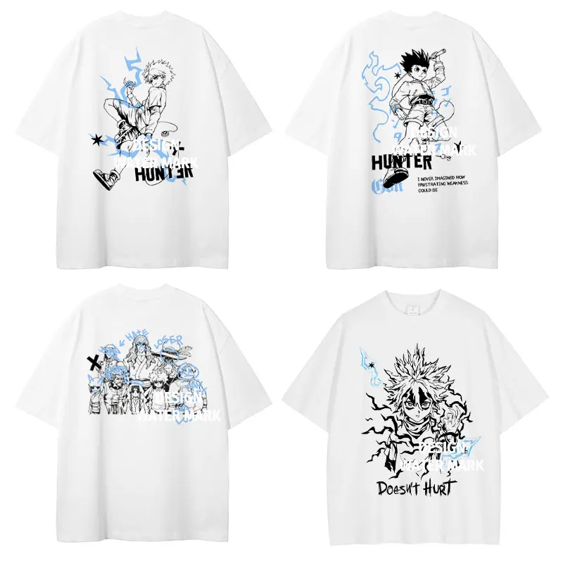 Killua Zoldyck T-shirts Vintage Washed Anime Hunter T Shirt Oversize Streetwear Harajuku Manga Kurapika Gon Tops Tees Men Cotton