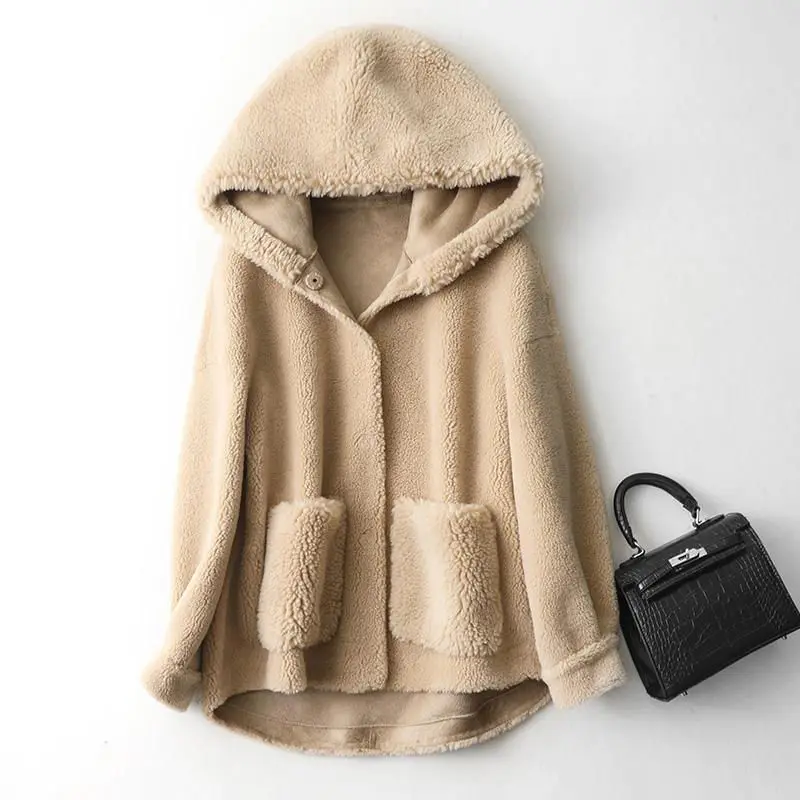 Winter New Pink Real Fur Coat Women Solid Hooded Casual Wool Outwear Female Clothing Thick Warm Sheep Shearing Jacket Parkas Top