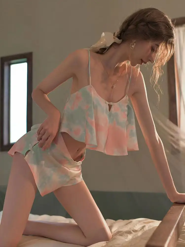 Fashion Sexy Pajama Set Women's 2 Pieces Sleepwear Pyjamas Silk Satin Bellyband Cami Top and Shorts Pajamas for Women Pijamas