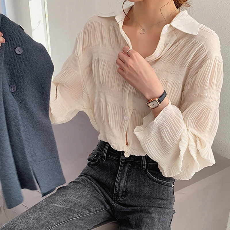 

Casual Long Sleeve Turn-down Collar Solid T-Shirt New 2021 Spring Vintage Elegant Chiffon Female Flare Sleeve Elegant Lady Shirt