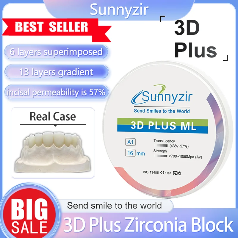 Sunnyzir Dental Material 3D Pro/Plus 98mm A3 Multilayer Zirconia Blocks for Dental Lab with Open System Vita16 & Bleach Color