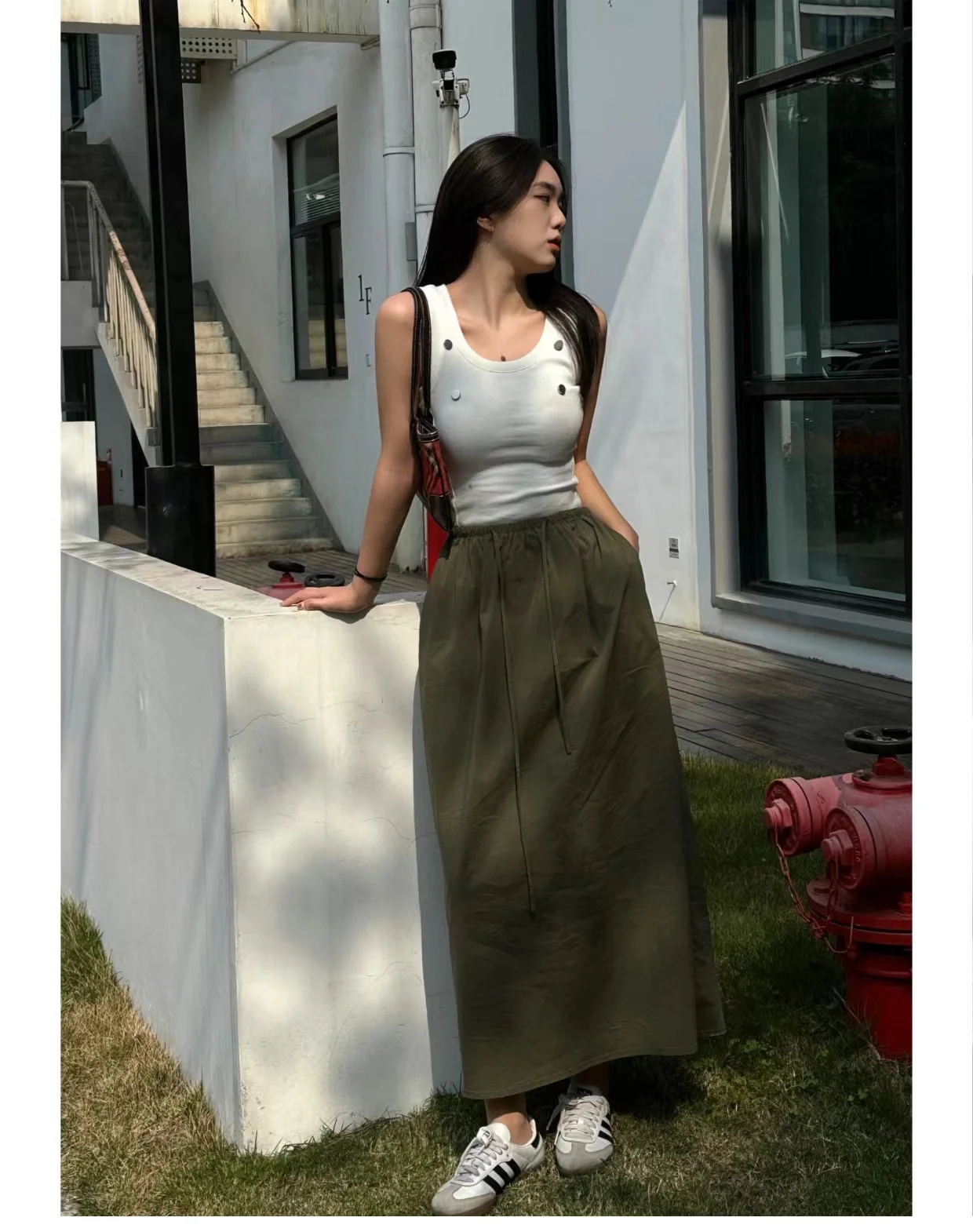 

2023 Spring And Summer Casual Loose Mid-length Skirt Washed Cotton Simple Drawstring Tie All-match Tooling Skirt Army Green