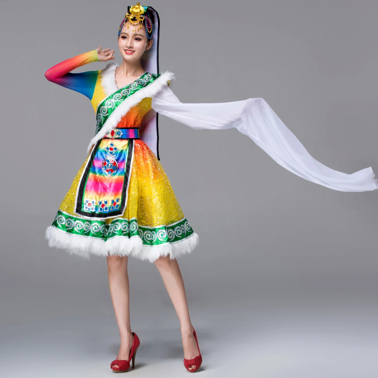 

Beautiful Chinese Tibetan Dance Costume For Women Water Sleeve Nationals Dancer Clothing Festival Performance Classic
