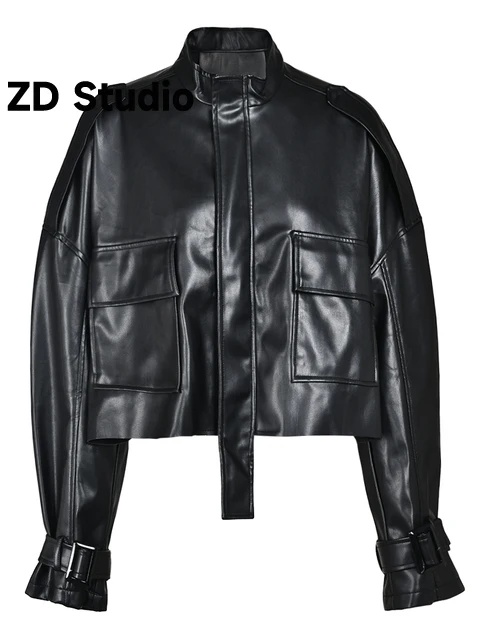 

[ZD Studio] Loose Fit PU Leather Black Size Jacket New Stand Collar Long Sleeve Women Coat Tide Spring Autumn 2023
