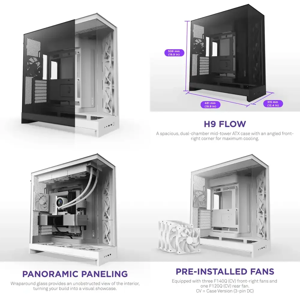 Фото Новый игровой корпус для ПК 2025 NZXT H9 Flow Black White Mid-Tower ATX со стеклянной панелью и 4 предустановленными вентиляторами для самостоятельной сборки игрового настольного компьютера №1