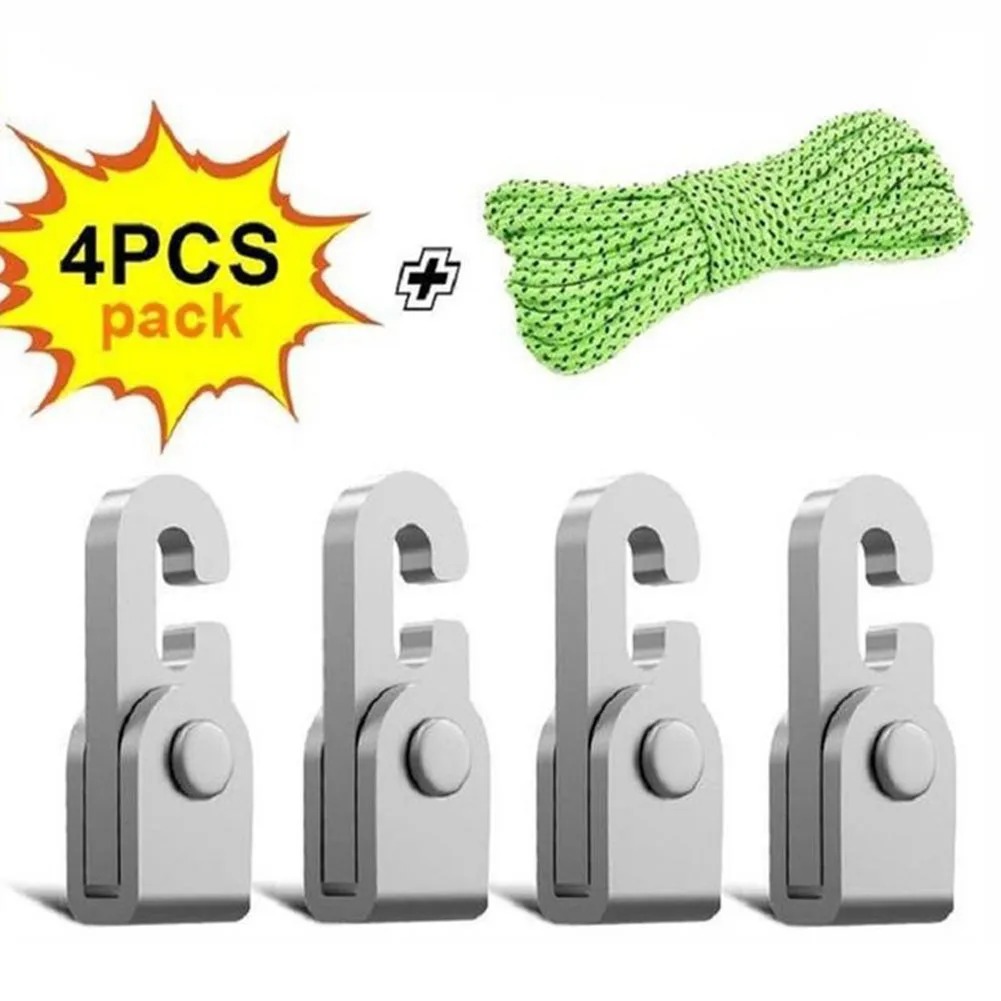 

4 Pcs Automatic Lock Hook Multifunctional Free Knot Easy Fast Tighten Rope Camping Equipment Tent Self-locking Hooks w/5m Rope