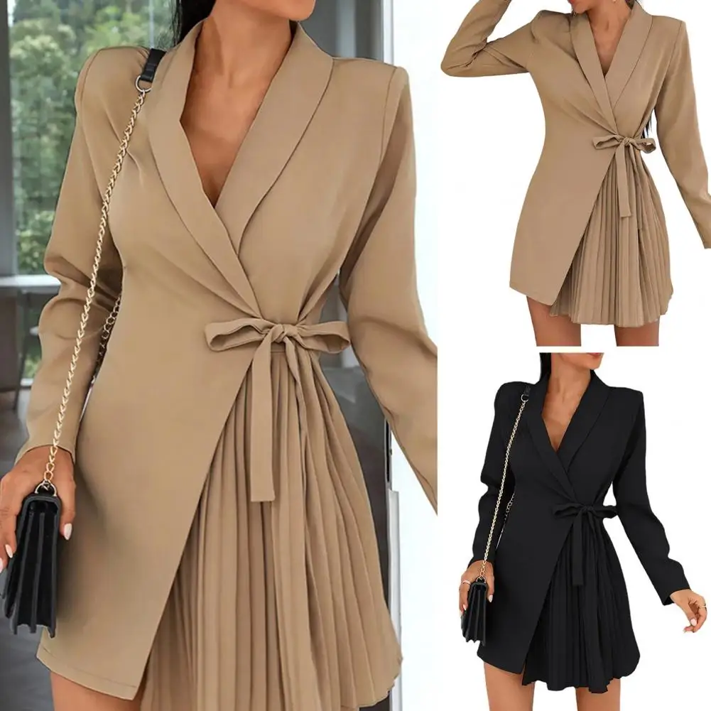 

Stylish Office Dress Long Sleeve Dressing Up A-Line Lady Autumn Solid Color Waist Tight Mini Dress