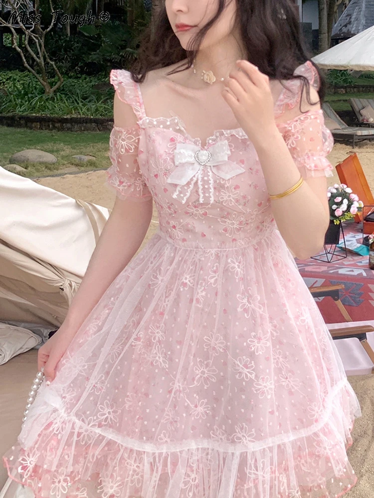 

Летнее милое платье с цветочным принтом, женское элегантное платье мини в Корейском стиле, розовое французское винтажное сказочное платье принцессы, 2022