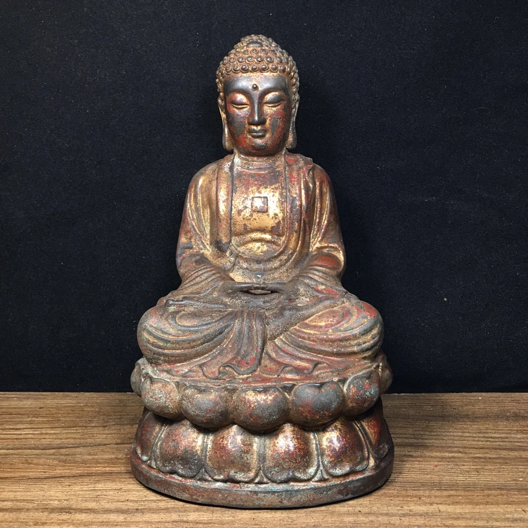 

9"Tibetan Temple Collection Old Bronze Cinnabar Mud gold Amitabha Shakyamuni Sitting Buddha worship hall Town house