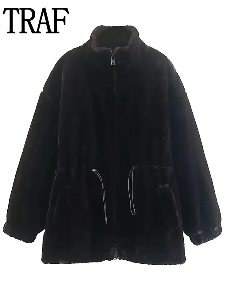 

Черная куртка TRAF, пальто из искусственного меха, парки, зимняя женская ветровка, очень теплые плотные куртки 2022, Женская парка на молнии с дл...