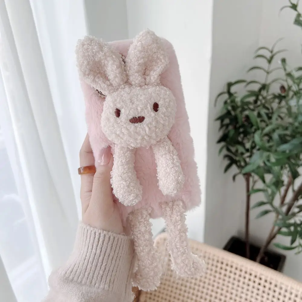 

3D Rabbit Fluffy Plush Bear Phone Case For iphone 14 Pro 13Pro 12 11 XR X XS Max Lovely Soft Back Cover For iphone11 coque