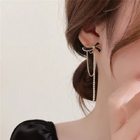 korean earrings fashion jewelry metallic black bowknot shape pendant long tassel crystal earrings for women brincos pendientes