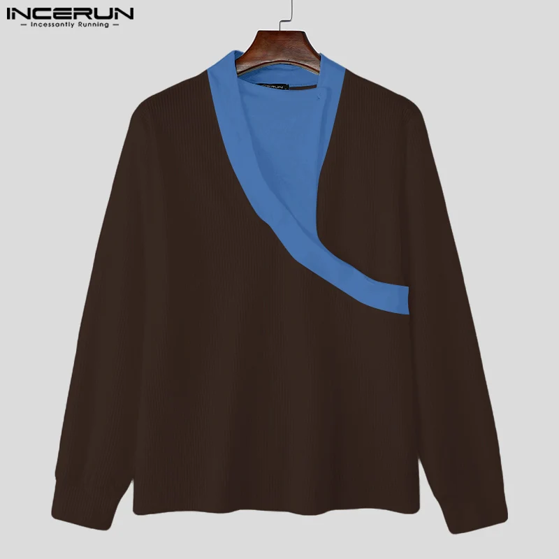 2024 Well Fitting Men Tops INCERUN Casual Solid Long Sleeve Pullovers Elegant Streetwear Male Sweaters American Style Tees S-5XL