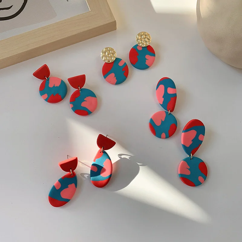 

Minar Creative Contrast Color Painted Polymer Clay Earring for Women Girl Round Geometric Colorful Clay Dangle Drop Earrings