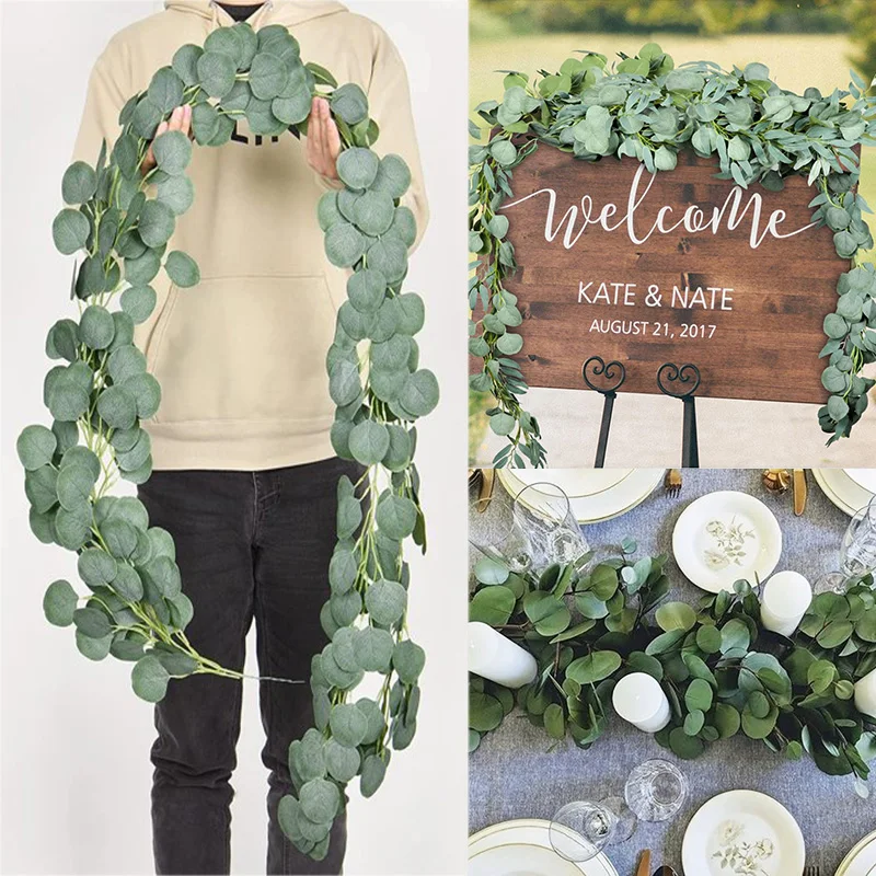 

1.8m Eucalyptus Garland Artificial Faux Garland Wall Decor Silver Dollar Eucalyptus Greenery Leaves Vines Plant for Wedding Arch