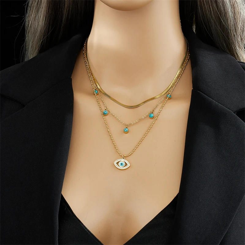 Ожерелье LAMENGLY из нержавеющей стали 316L с многослойным кулоном в виде глаза для