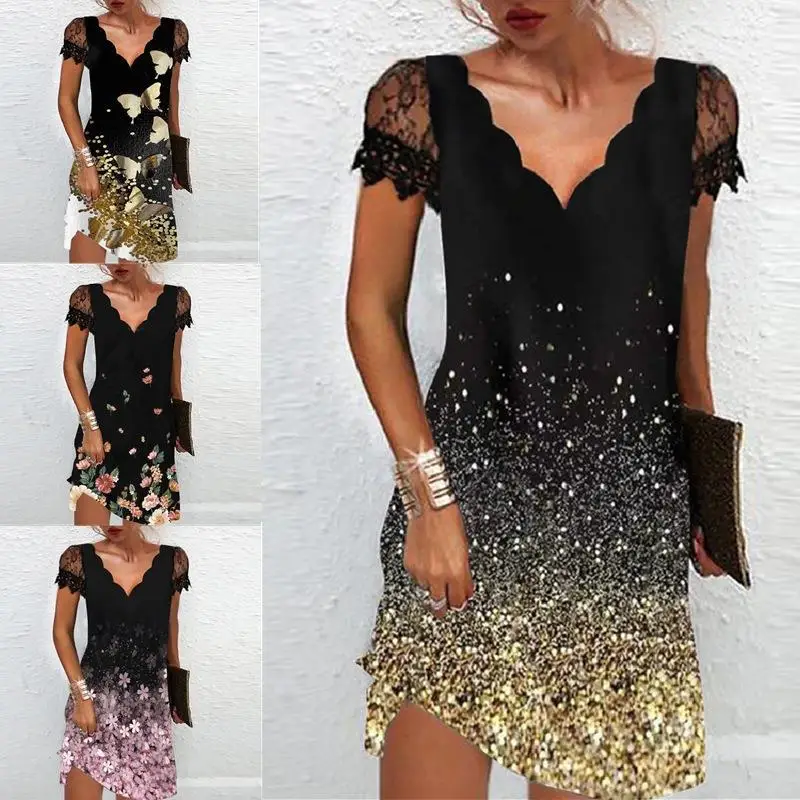 

Women's Fashion Printed Mini Dress Wavy V Neck Casual Loose Lace Short Sleeve Skirt 2022 Summer Women's Dress