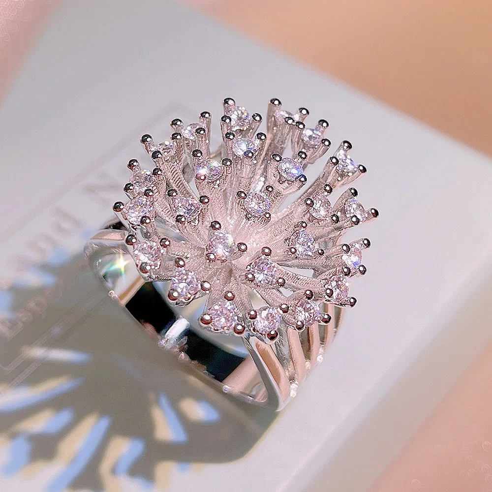 

925 Stamp New Light Luxury Super Flash Zircon Hollow Snowflake Ring Female Party Birthday Jewelry Gift