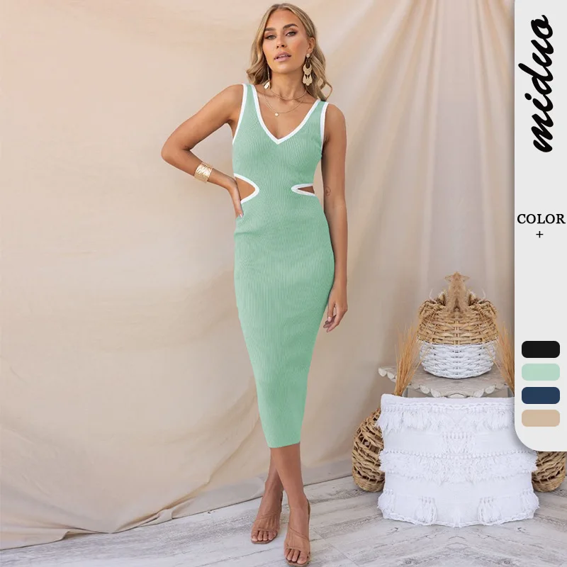 

Women Dress Hot Contrasting V-neck Dress Elastic Knitted Skirt Pullover Pit Strip Sundress Sexy Strapless Sheath Skirt Long Slim