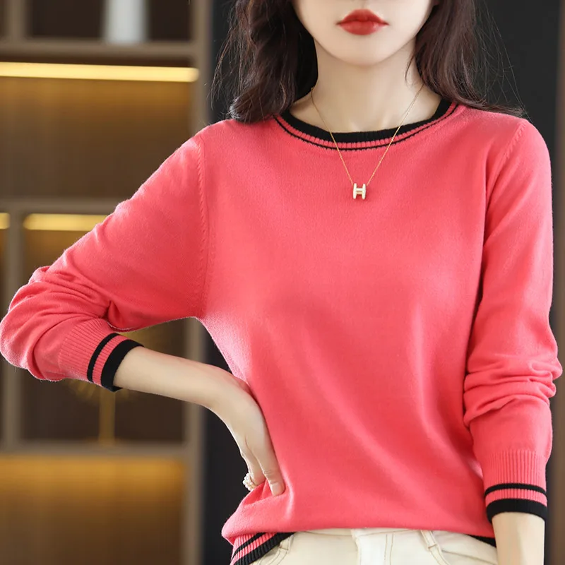 

Autumn and Winter 2022 Casual Cashmere Pullover O-Neck Women's Color Contrast Casual Long Sleeve Simple and Comfortable Top