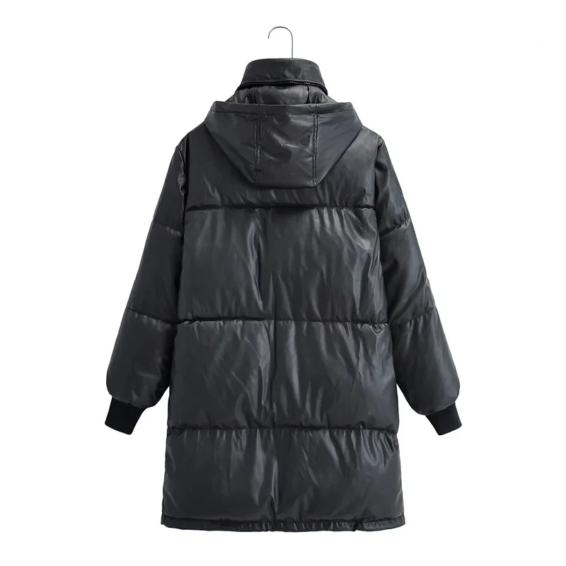 Ladies Thicken Fashion Hooded Leather Coat 2022 Winter New Fashion Hooded Warm Zipper Single Breasted PU Leather Mid-length Coat