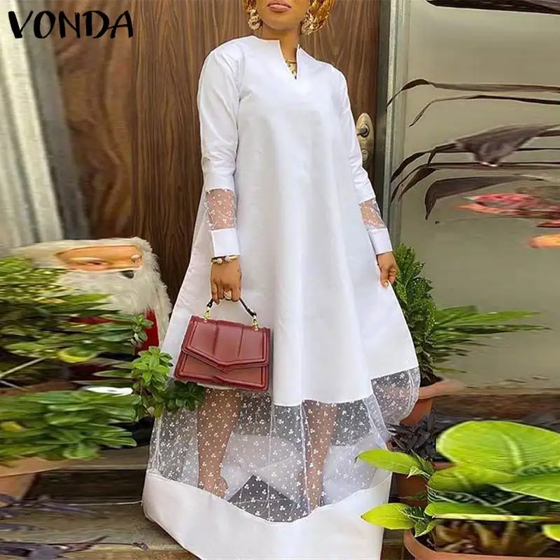

VONDA Party Maxi Dresses Women Lace Patchwork Pleated Polka Dot Vestidos Ladies Long Sleeve Sexy V Neck Holiday Dress Oversized