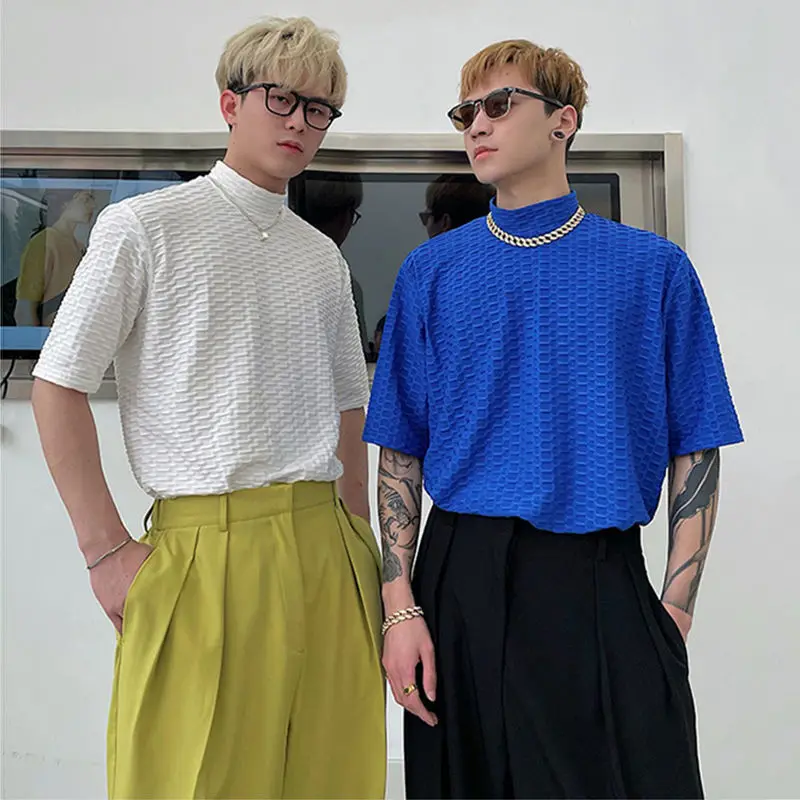 

3d Texture Turtleneck Hipster Hot Sale Cool Fashion White Korean Summer Short Sleeve Men T Shirt 2022 Oversized Streetwear Tops