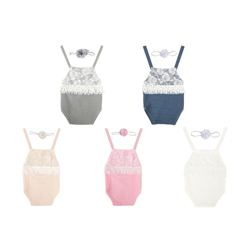 

Lace Sling Top Romper Headdress Baby Shower Party Props Photo Outfit