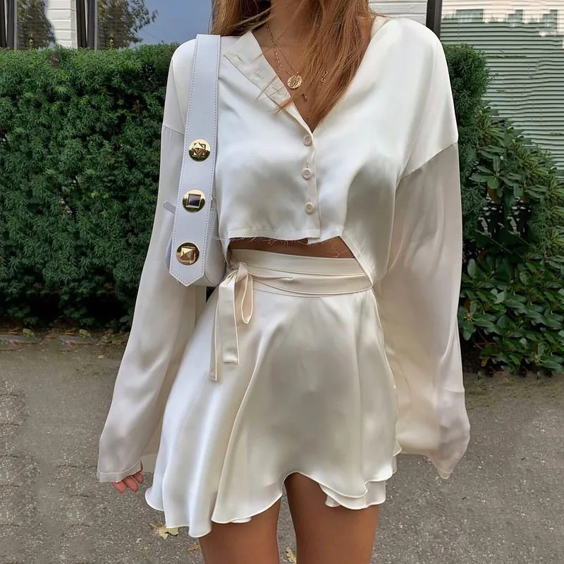 

White Elegant Satin 2 Two Piece Set Women Lantern Long Sleeves Crop Tops Cardigan Sexy High Waist Mini Tennis Sports Skirts 2021