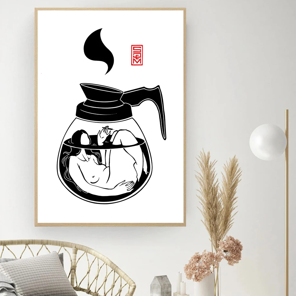 

Кофейник Художественная печать подарок для влюбленных кофе женская обнаженная линия рисование на холсте украшение для ведьма сурреальное ...