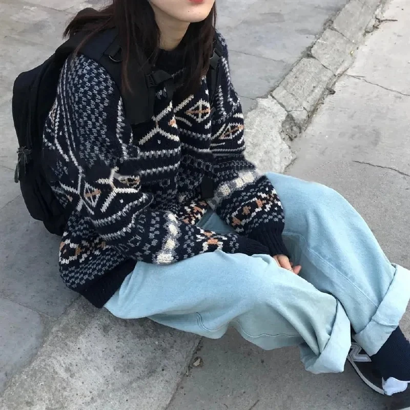 

ZOKI Sweaters Women Jacquard Knitted Casual Lady Pullover Sweater Female Autumn Winter Retro Loose All-match Harajuku Jumper