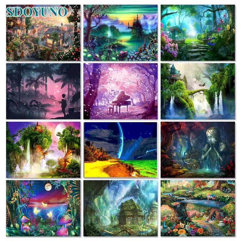 

SDOYUNO Fairy Tale Forest Framed Pictures By Numbers For Adults Scenery Canvas Painting Modern Landscape Original Gifts Home Dec
