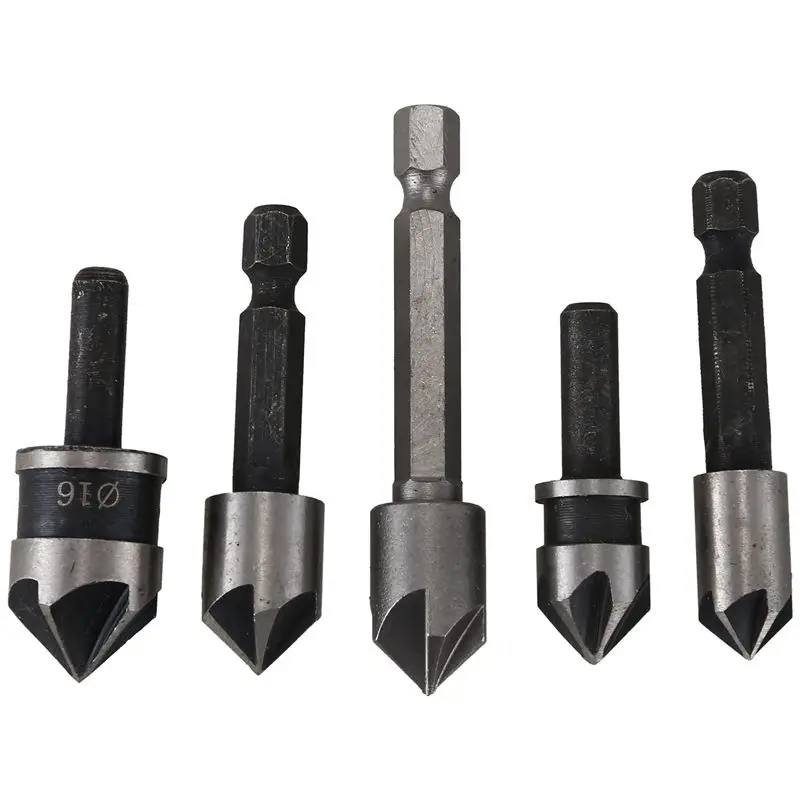 

HOT SALE 5Pc Industrial 5 Flutes Countersink Drill Bit Set Wood 45 Steel Working Chamfer