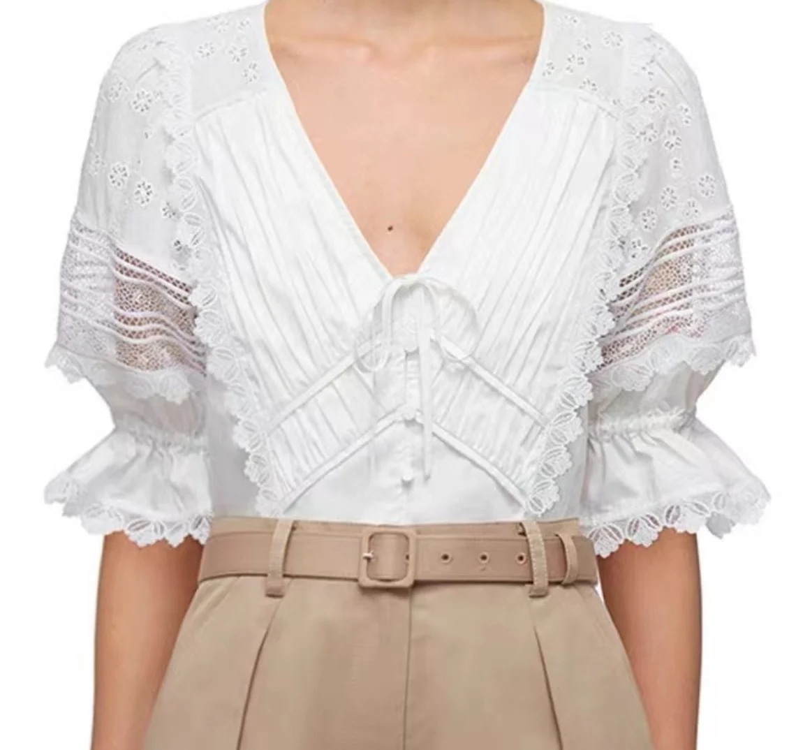 

Женская блузка из льна и шелка, бежевая блузка с отложным воротником и рукавами-фонариками, украшенными бусинами, осень 2022